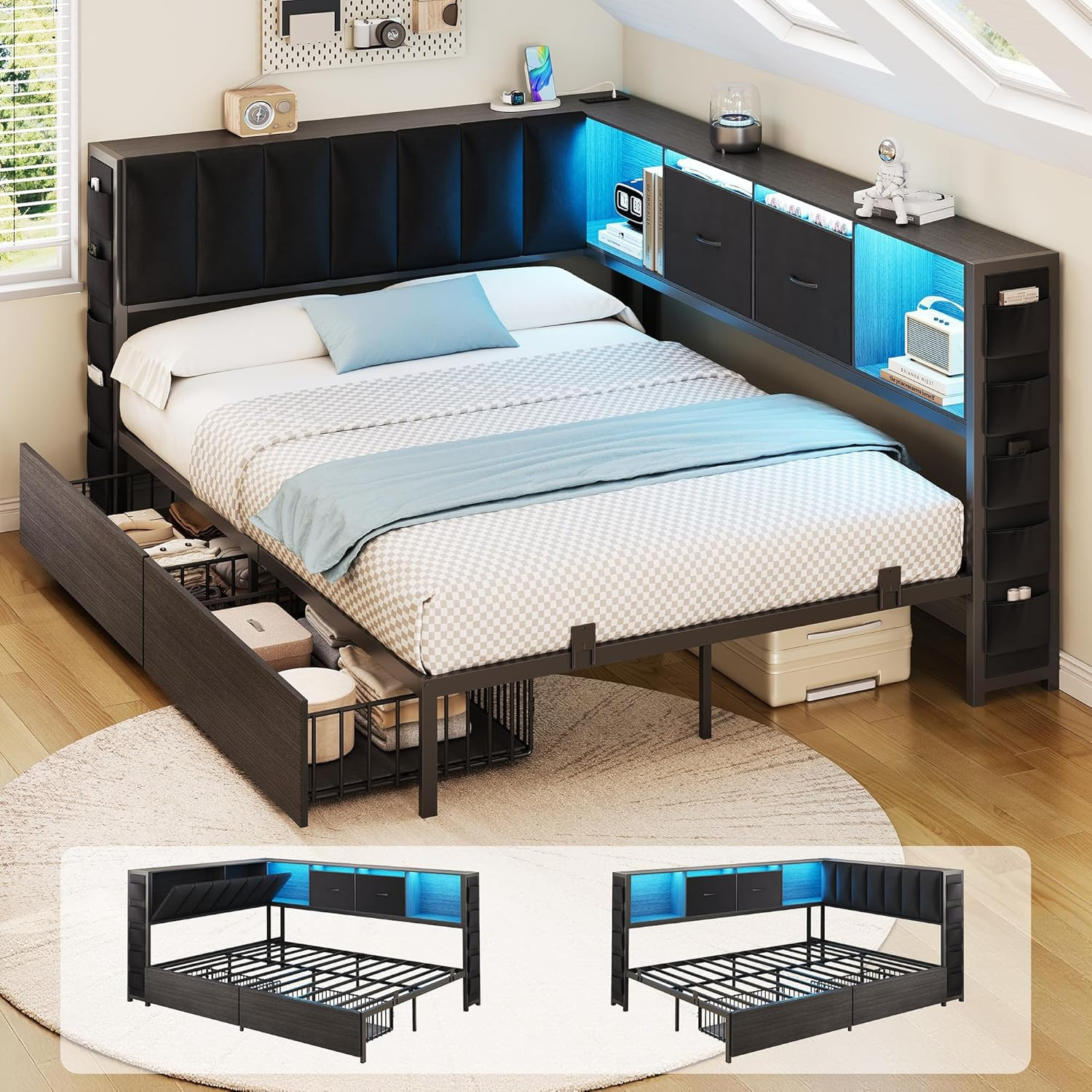 Full Corner Bed Frame with Upholstered Storage Headboard and Drawers, Metal Plat