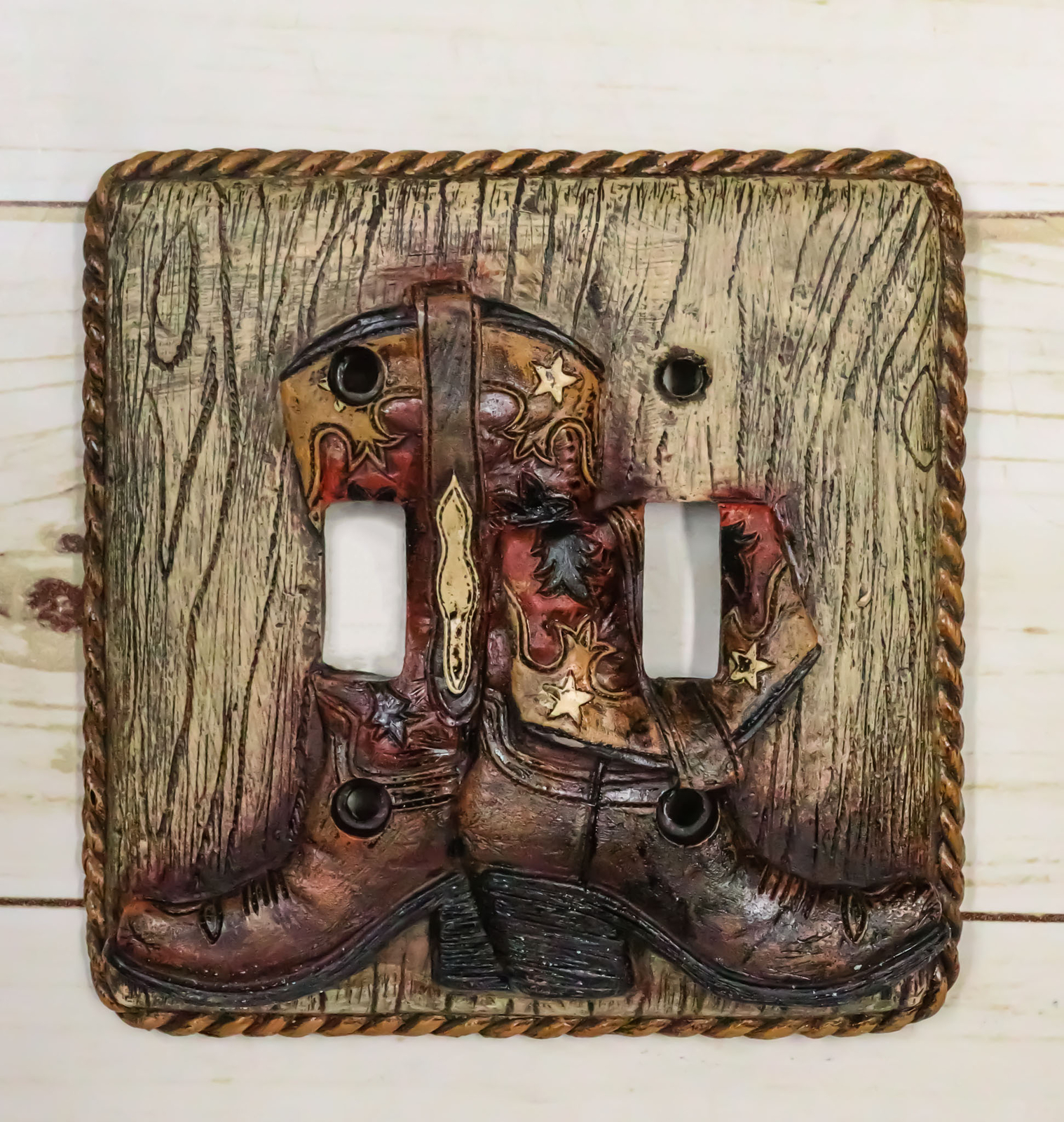 Set of 2 Rustic Western Cowboy Boots Faux Wood Wall Double Toggle Switch Plates