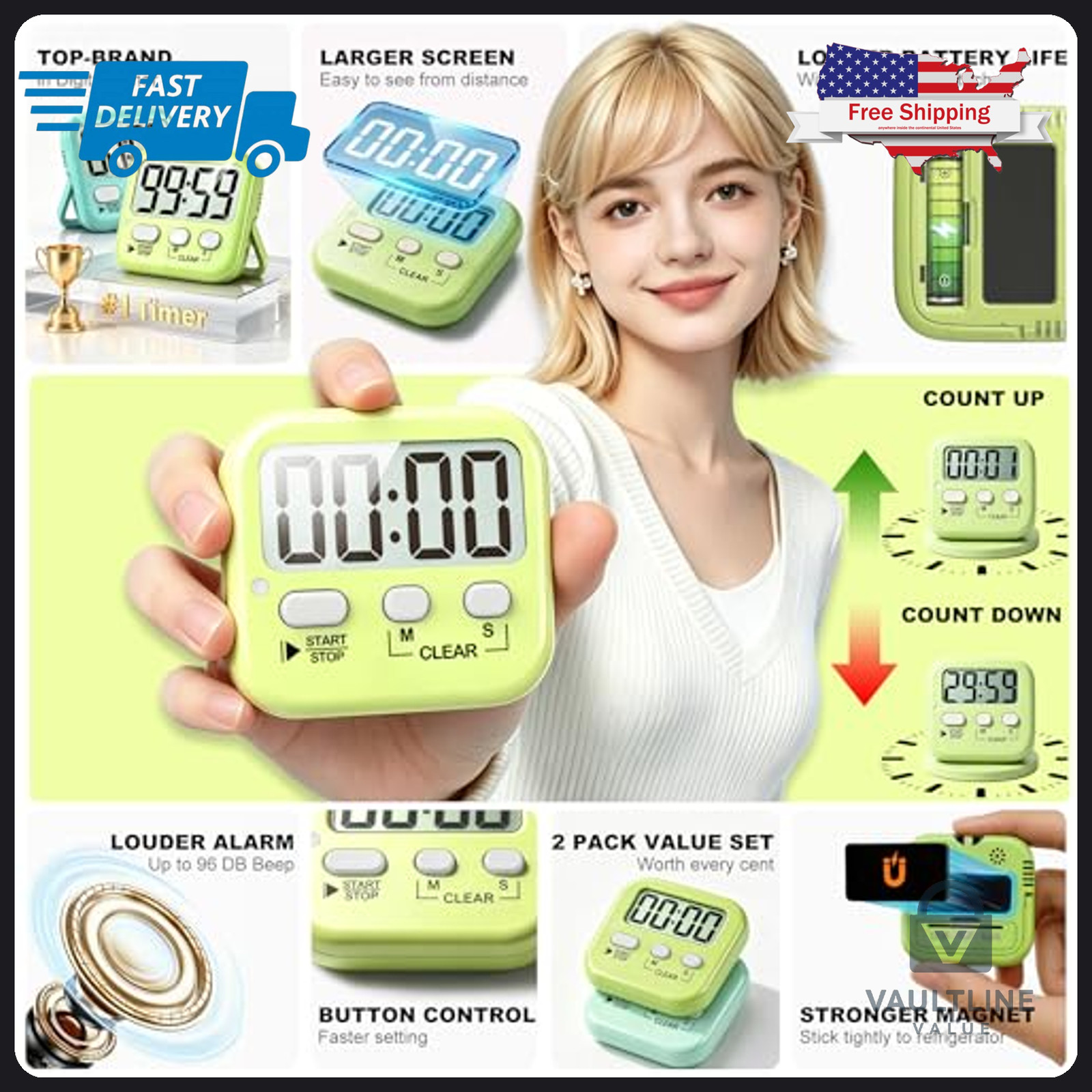 2 Pack Antonki Digital Kitchen Timers - Magnetic Countdown Clock for Cooking