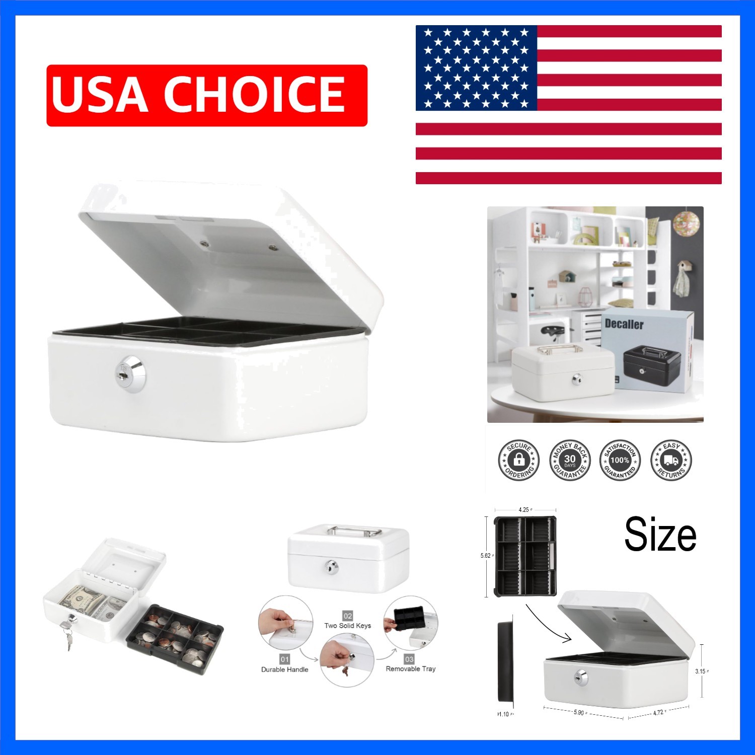 Small Cash Box with Key Lock, Double Layer Metal Money Box for Home Security,...
