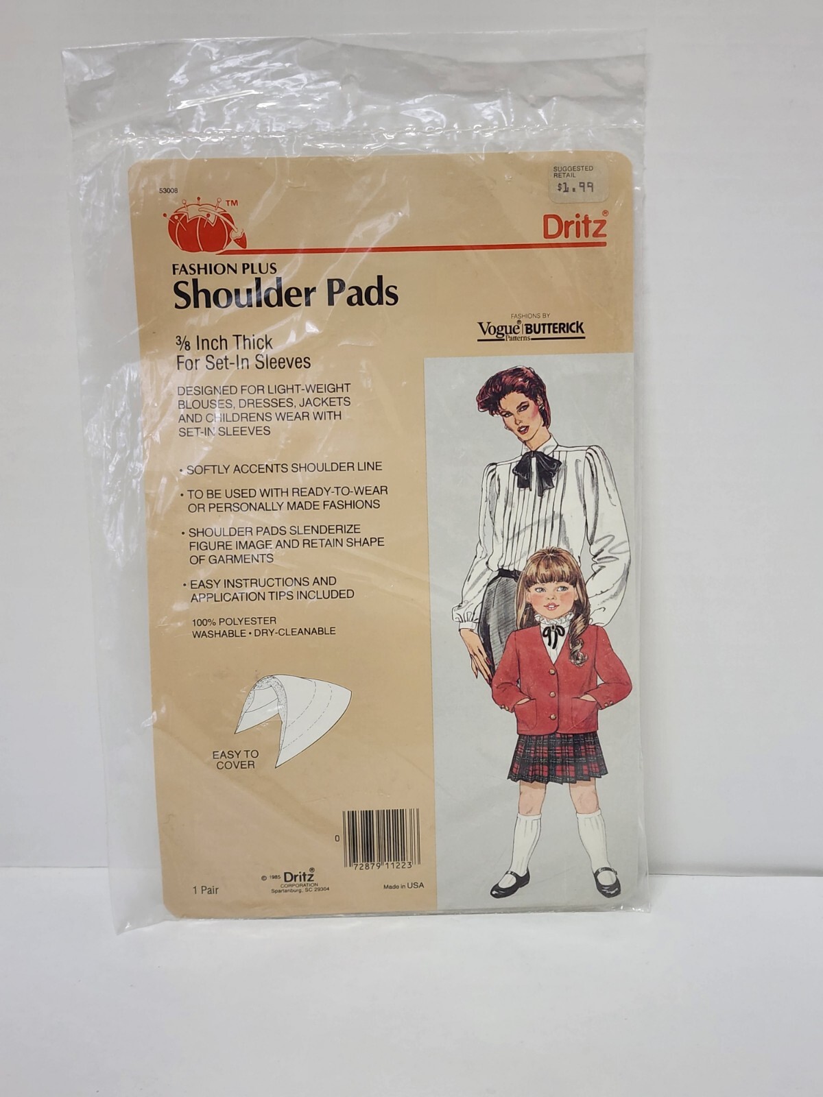 VTG NIP 1985 Shoulder Pads Dritz Fashion Plus 3/8" for Set in Sleeves USA White