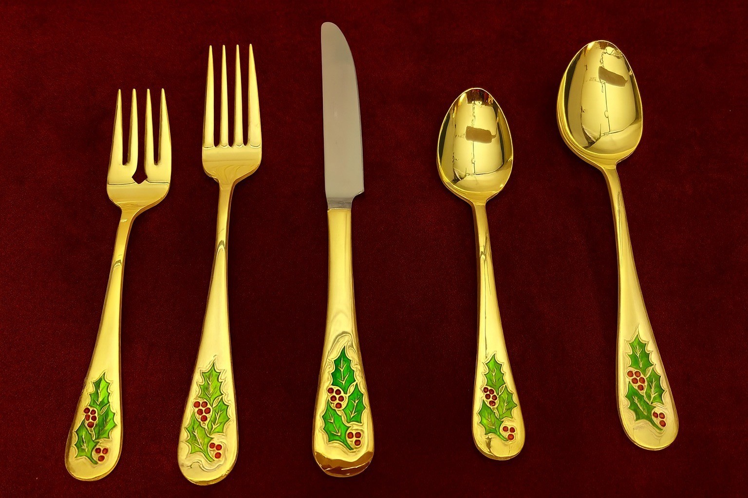 Holly Berry Gold-Plated Stainless Steel Japan Flatware 8 Set New In Sleeves NIB