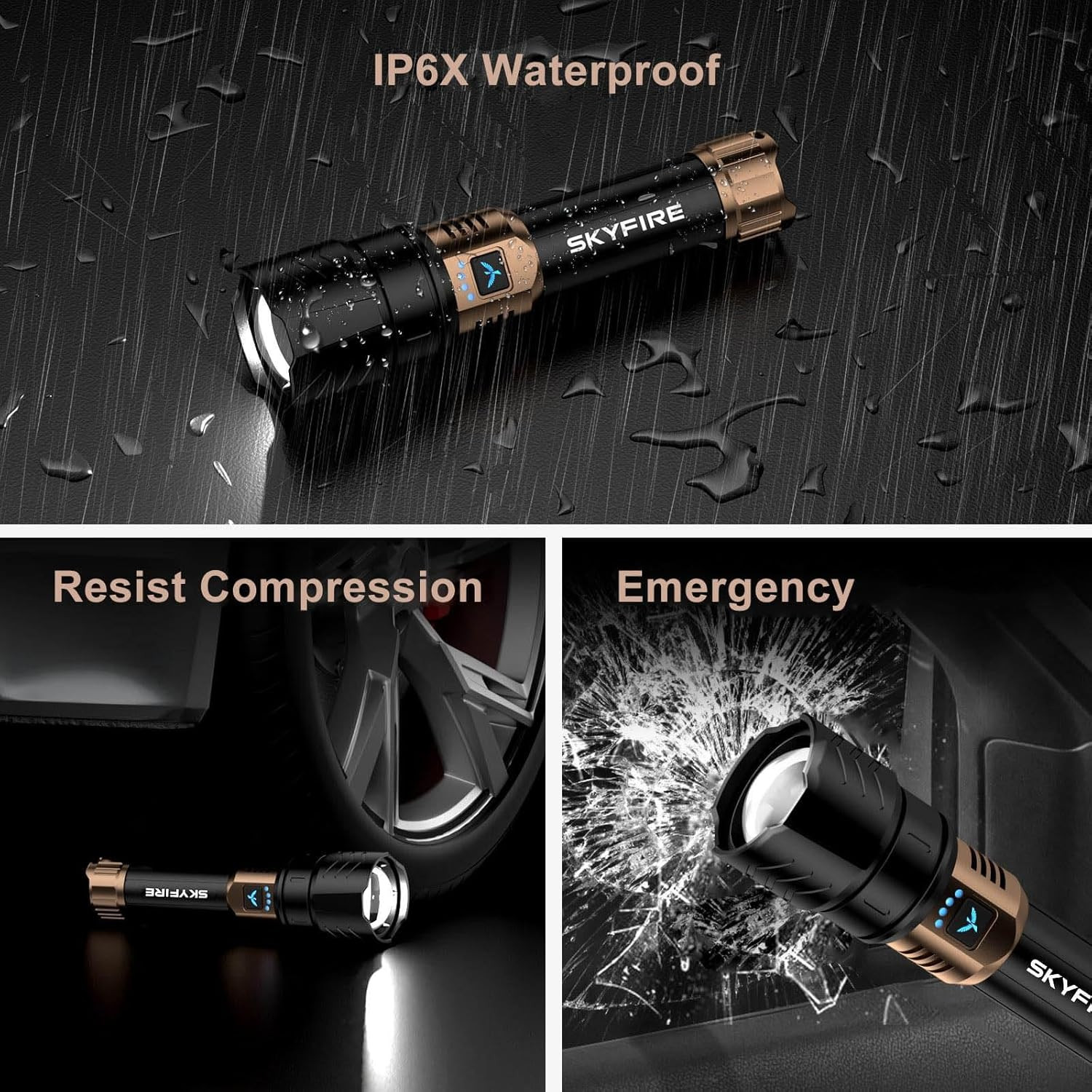 SKYFIRE 1500000LM LED Flashlight Rechargeable Zoom Fire Starter Waterproof