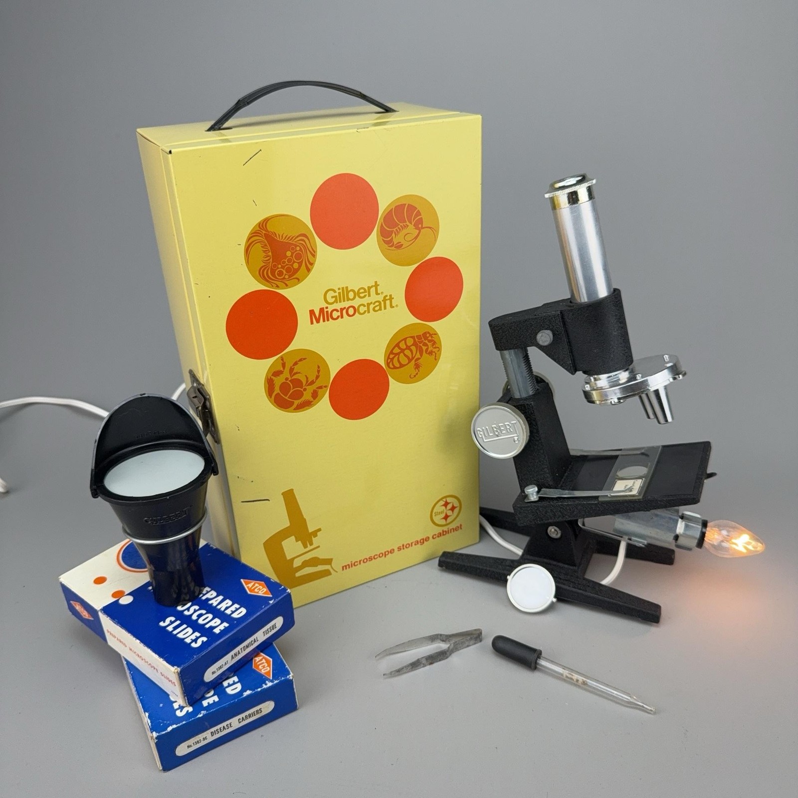 Vintage Gilbert Microcraft Microscope Set W Case Slides Lighted Stand USA