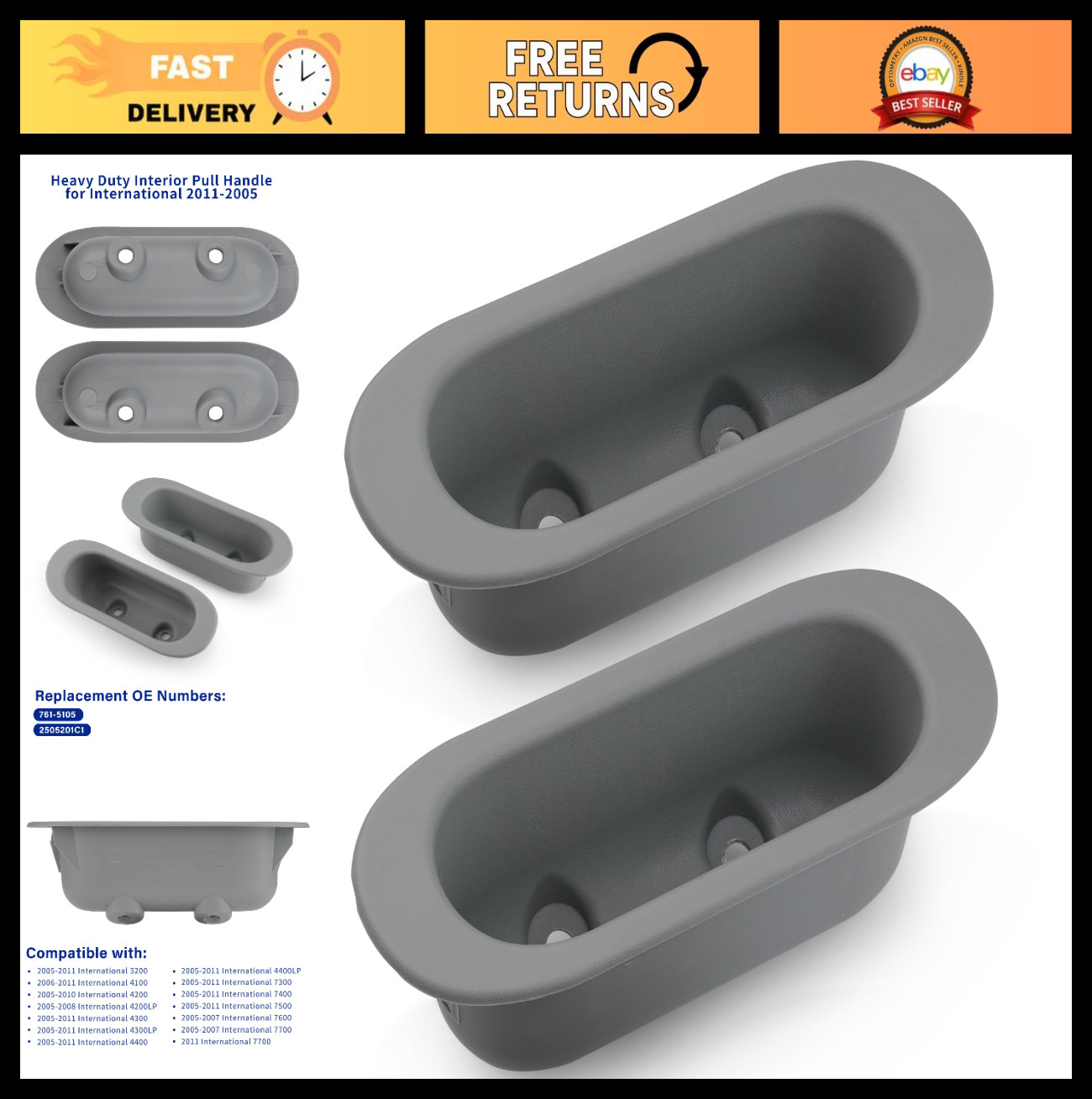 Interior Door Pull Handle Pair for International 3200 4100 4200 4300 4400, Gray