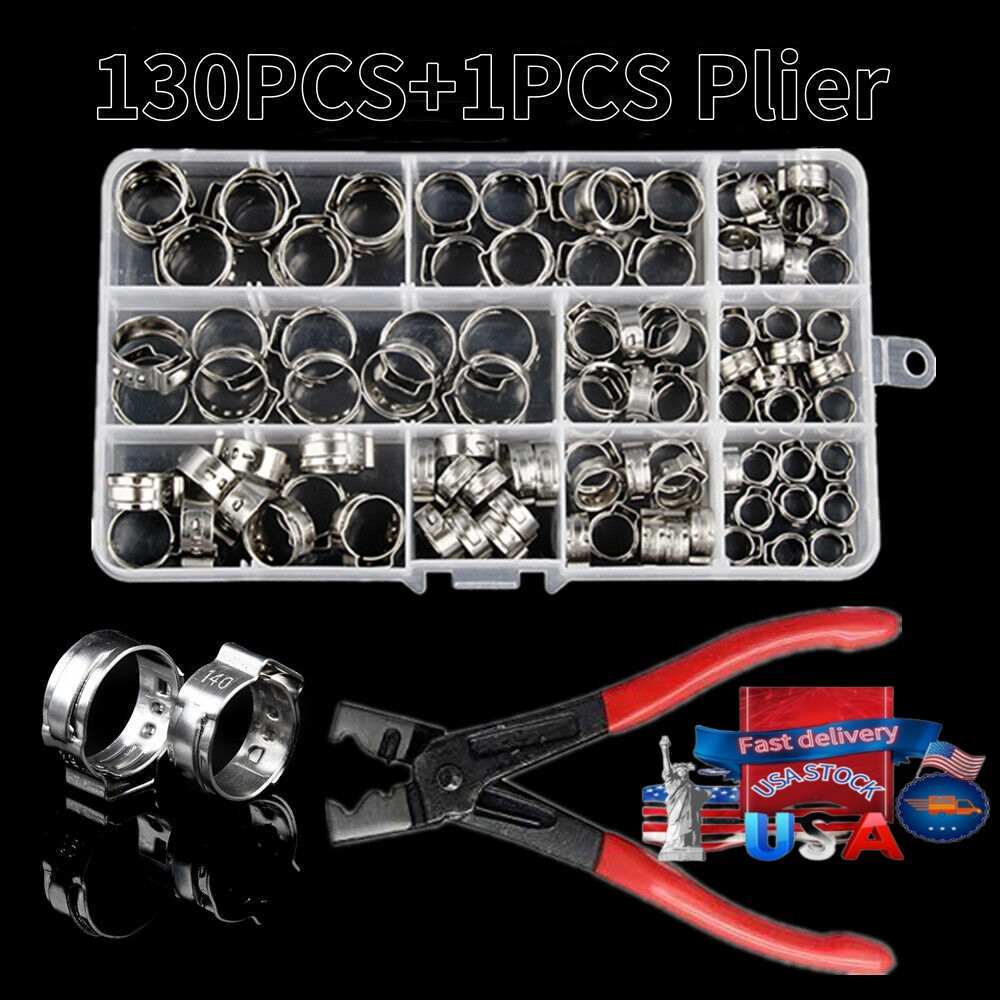 130X Assorted Hose Clamp Stainless Steel Ear Cinch Rings Crimp Pinch Set Plier