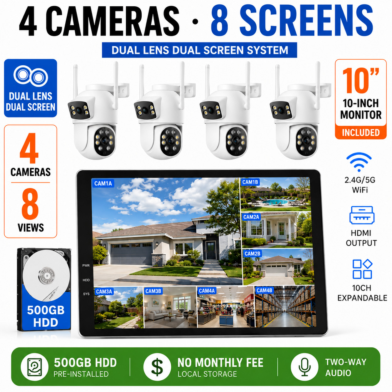 4MP WiFi Pro Surveillance & Security Cameras Outdoor Home Alarm System Wireless