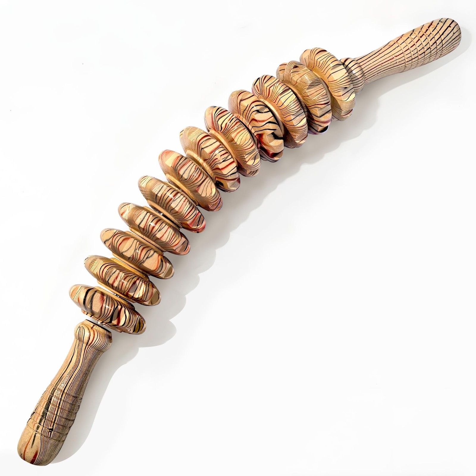 Wooden Curved Handheld Roller Massager Stick- 12 Rollers Wood Therapy Tool fo...
