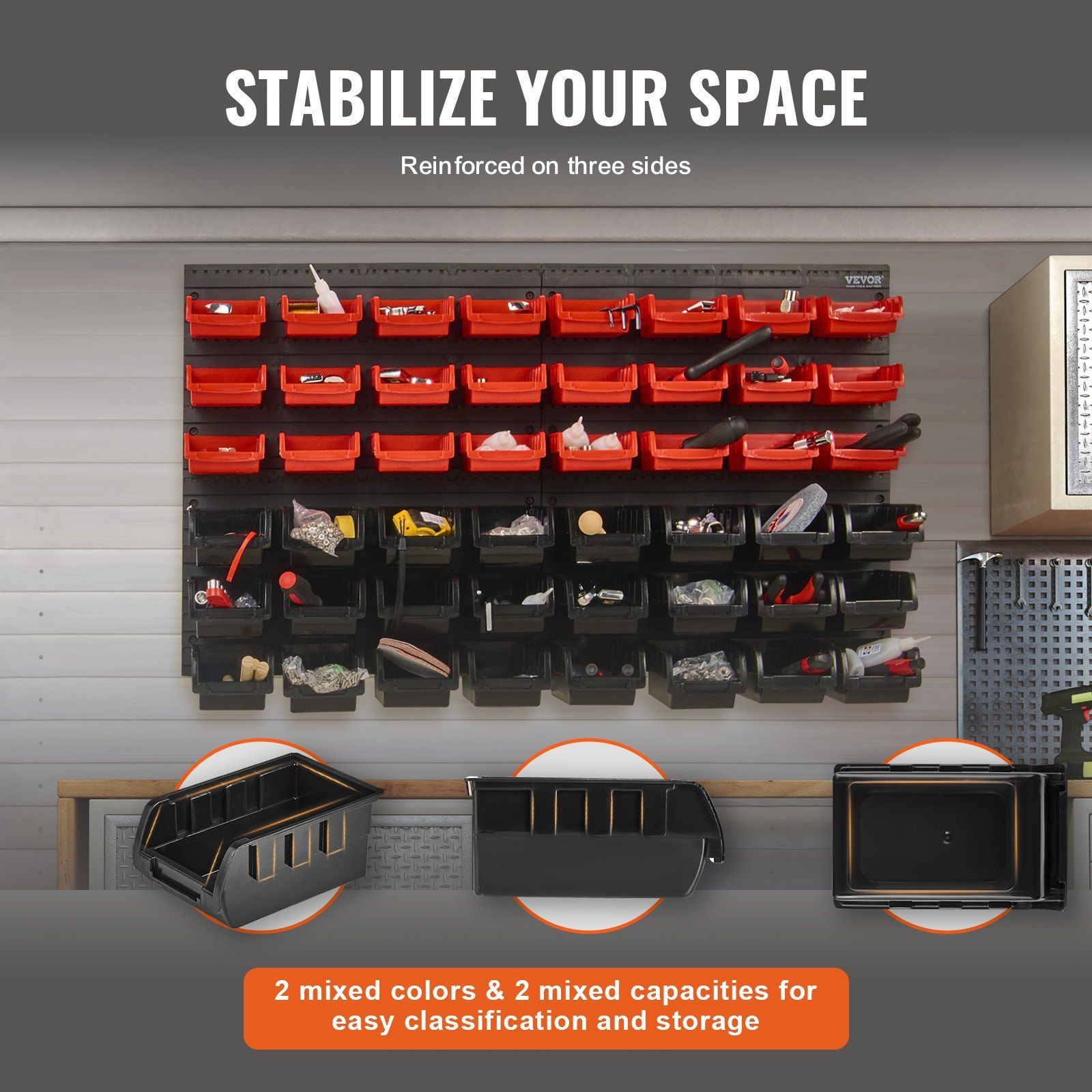 48Bin Wall Mounted Plastic Various Fasteners Multi-Purpose Organizer BlackRed