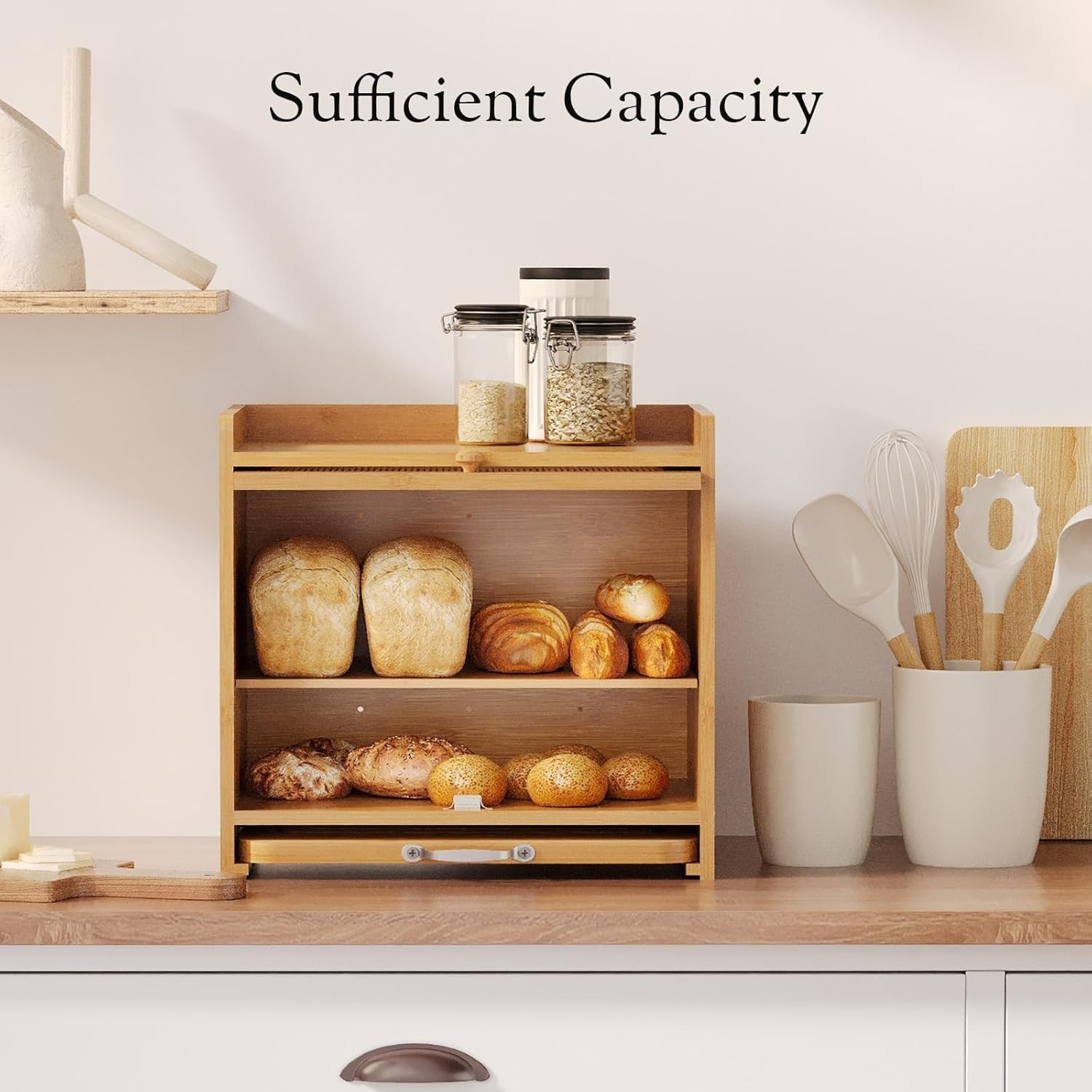 Bamboo Bread Box for Kitchen Countertop, Double Layer Kitchen Counter Organizers