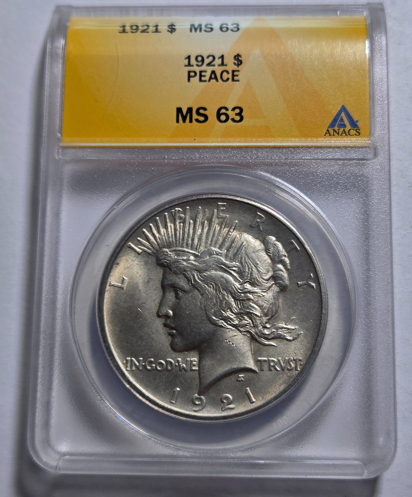 1921 PEACE HIGH RELIEF $1 Dollar Silver Coin ~ ANACS Certified MS63 ~STUNNING BU
