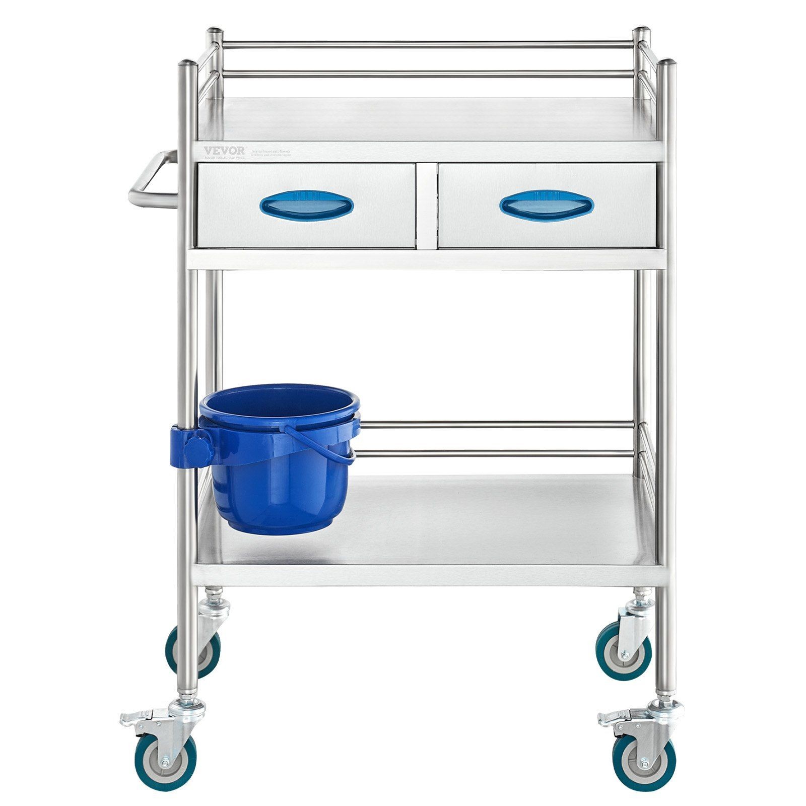 2-Level Stainless Steel Lab Trolley 220lb, 2 Drawers, Lockable 360° Casters
