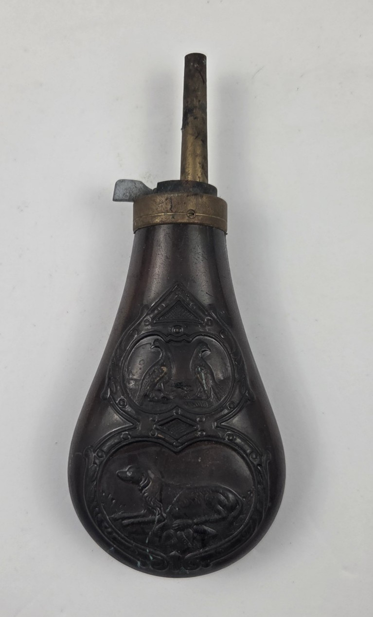 Copper Black Powder Flask with Pheasant & Dog Embossed