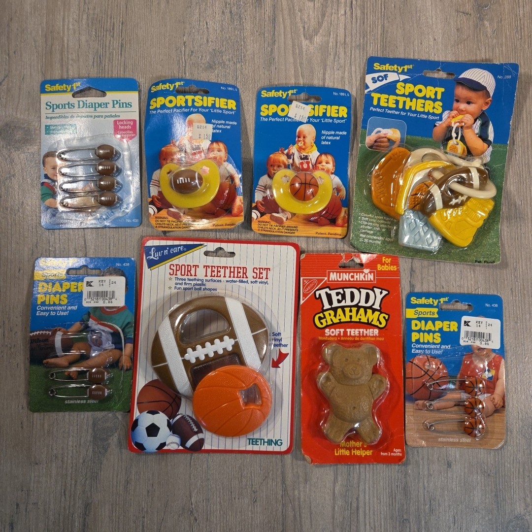 Vintage Baby lot Safety 1st Pacifier, Diaper Pins Munchkin Teddy graham Bear