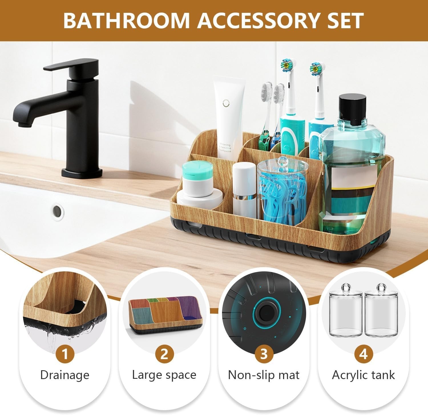Toothbrush Holder Set with Qtip Dispenser - 7 Slots