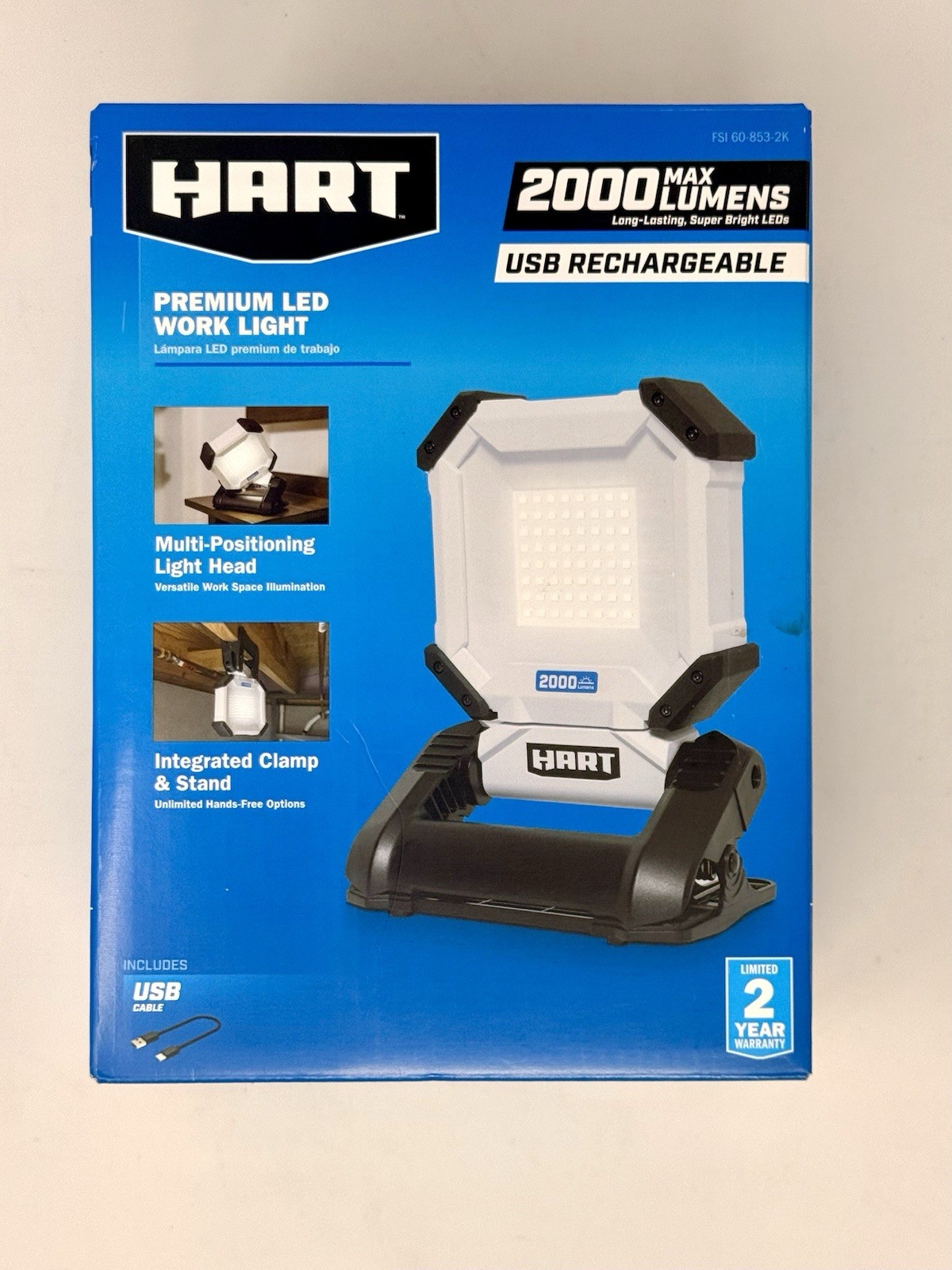 Hart Premium USB Rechargeable Clamp Led Work Light 2000 Lumens 60-853-2K  *NEW*