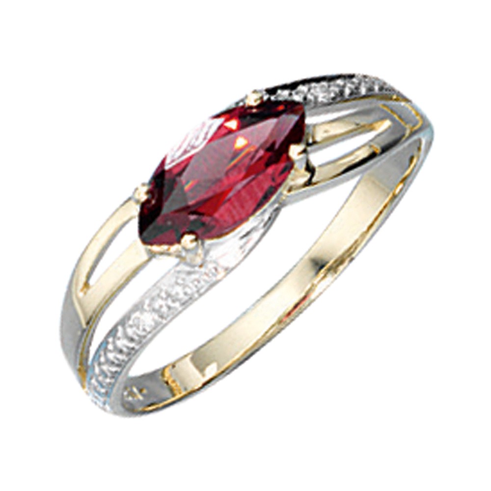 Jobo ladies' ring 585 gold yellow gold two-tone 1 garnet red 2 diamonds brilliant RW
