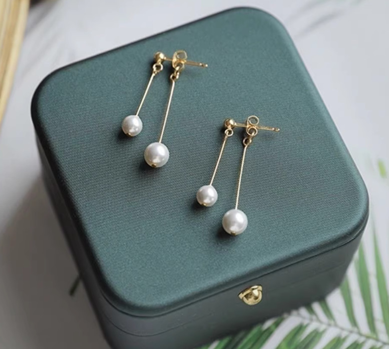 Nice AAA+ natural white akoya Round pearl earrings 14K gold women earring