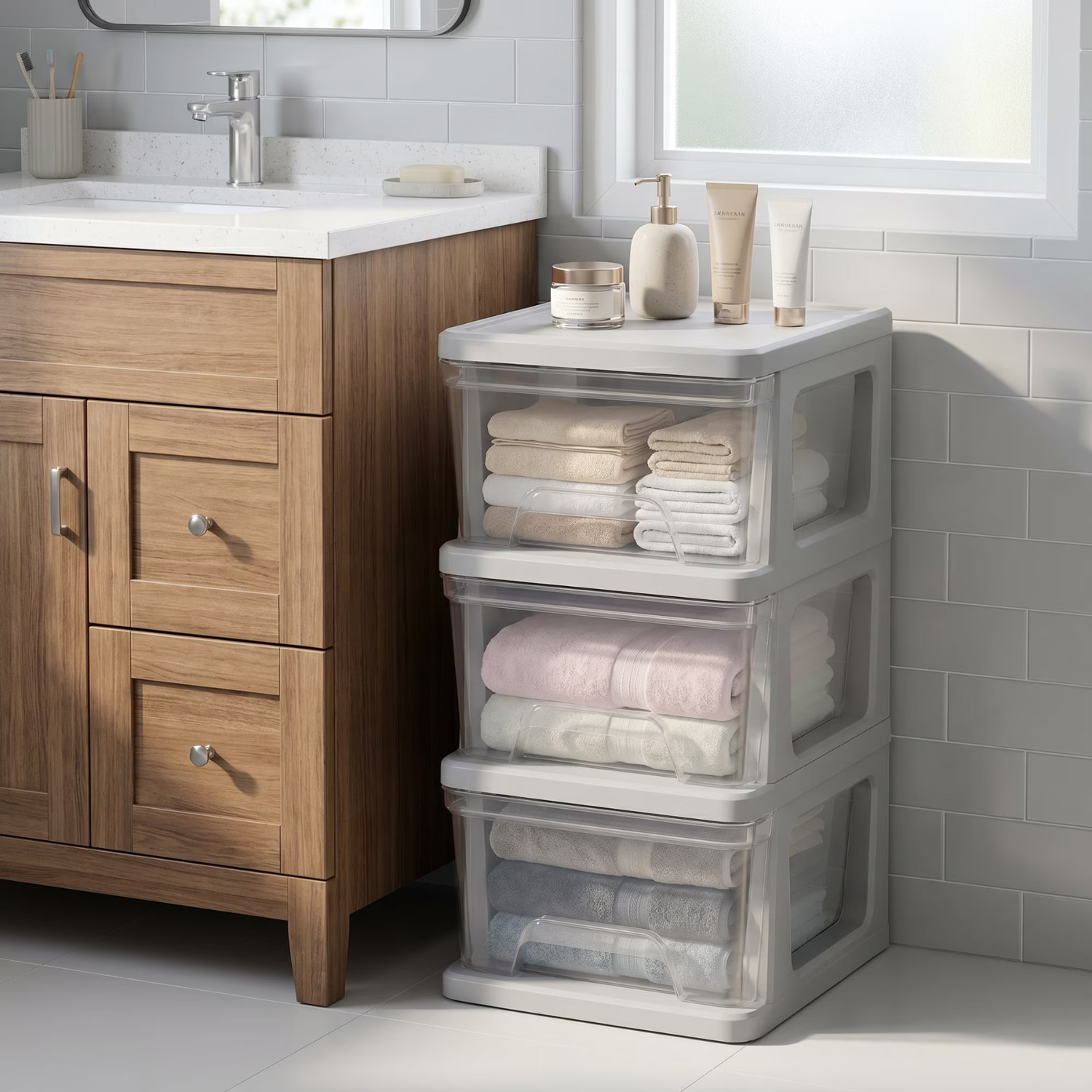 Starplast 3-Drawer Organization Tower Medium Storage Cart, Silver Plastic, 2 PK