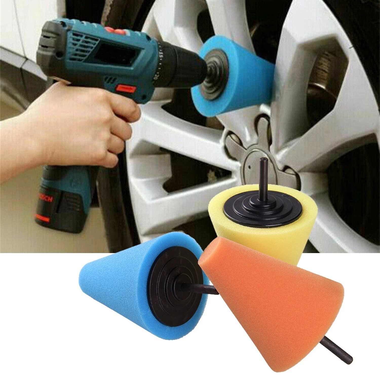 Foam Drill Polishing Cone Ball Pads Kit Car Hub Waxing Buffing Wheel Polisher 5x