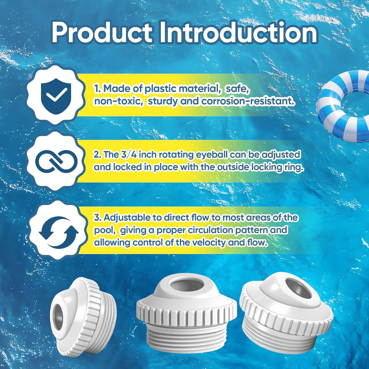 2-Pack 3/4" Pool Return Jet Nozzles, Compatible 1-1/2" MIP | Adjustable Eyeball