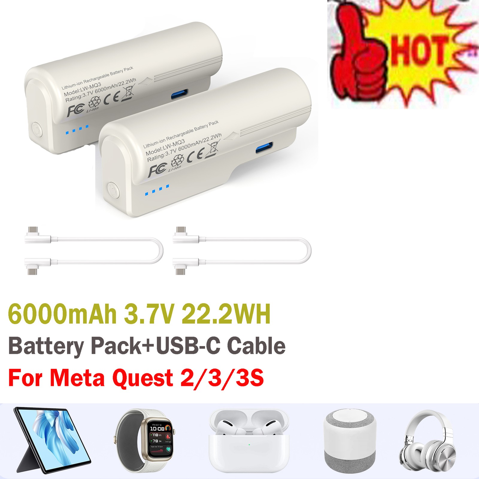 🧡Battery Pack For Meta Quest 2/3/3S ,Fast Charging w/ Type-C Cable 3.7V 6000mAh