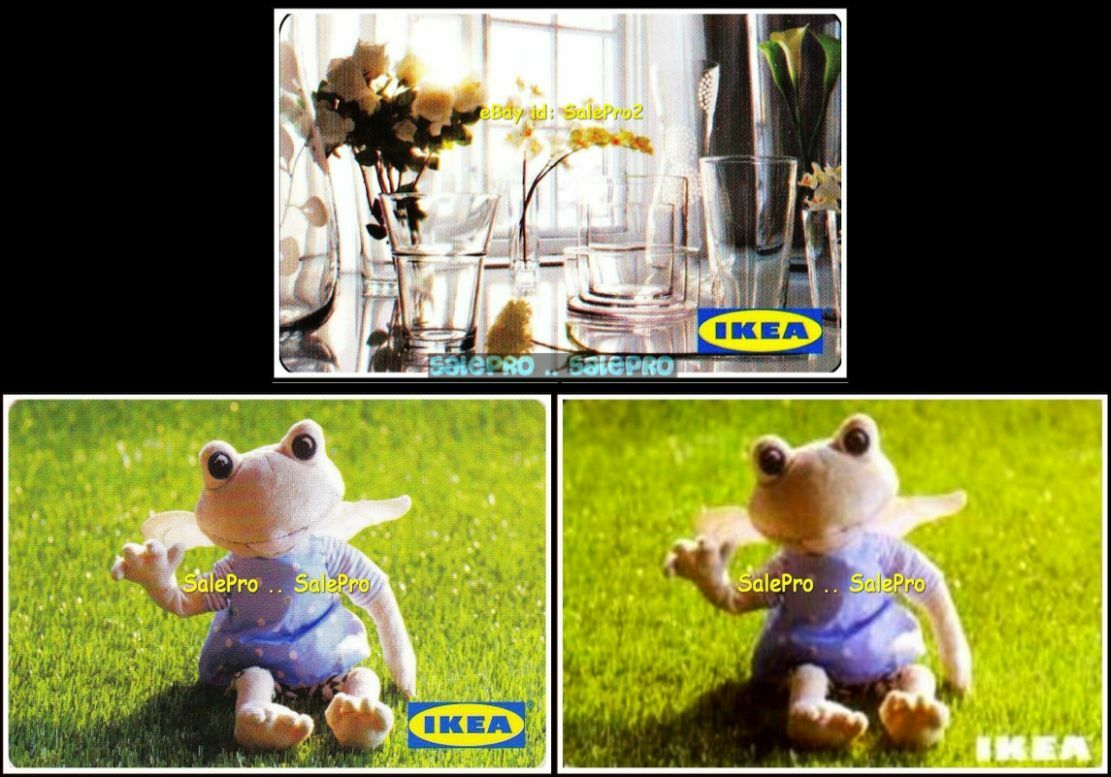 3x IKEA DOLL FROG OLD & NEW LOGO FLOWERS & GLASSES COLLECTIBLE GIFT CARD LOT