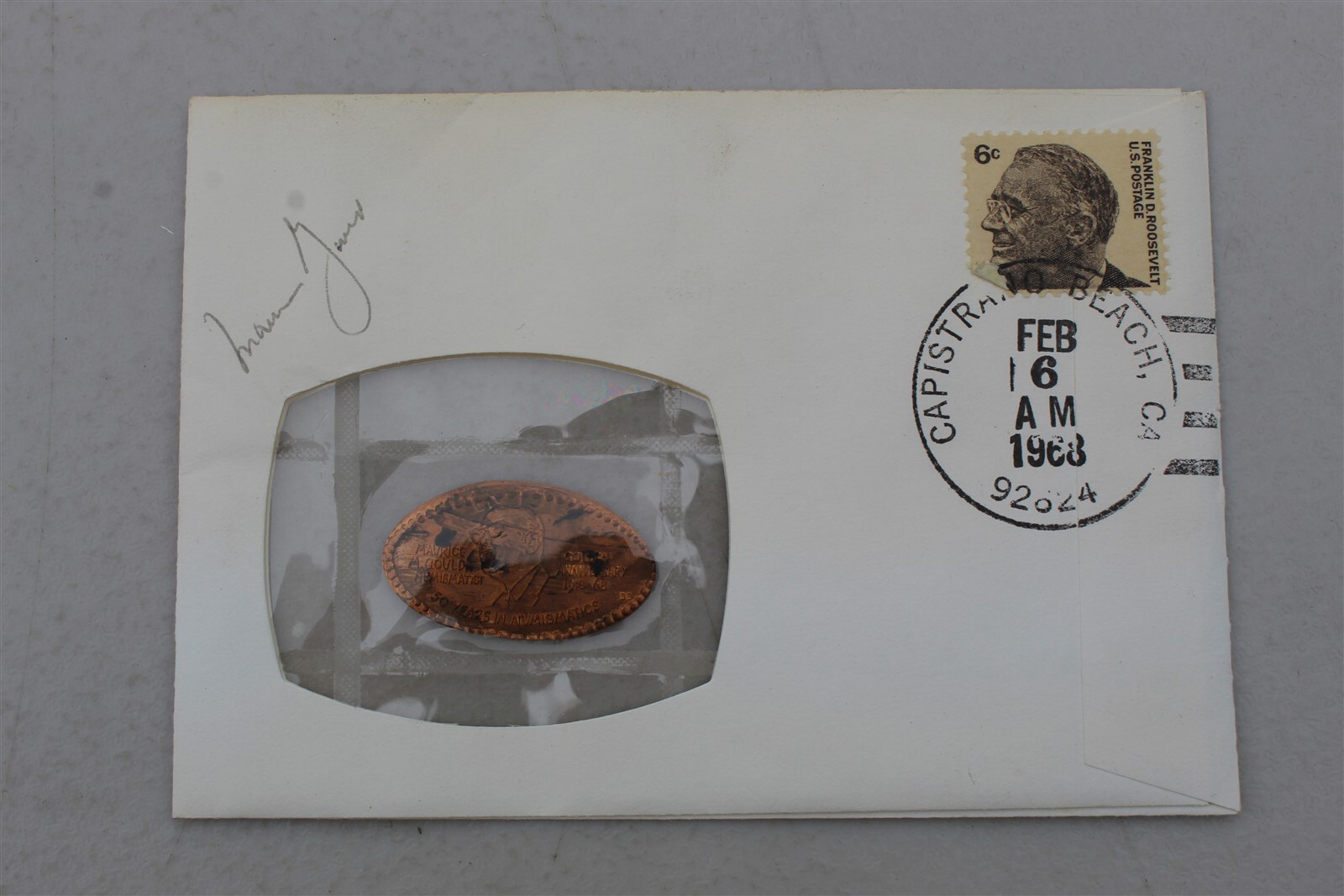 99 COMPANY PNC COVER - US ELONGATED PENNY MAURICE GOULD 1968 W/ LABEL