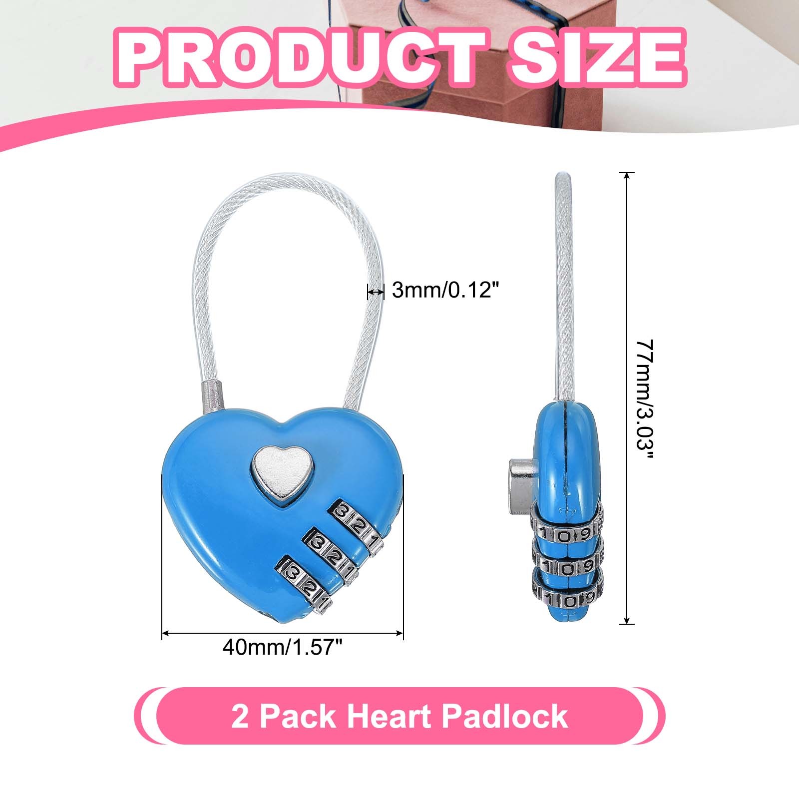 2 Pack Heart Padlock Heart Shape Love Lock Combination Lock Locker Locks Blue