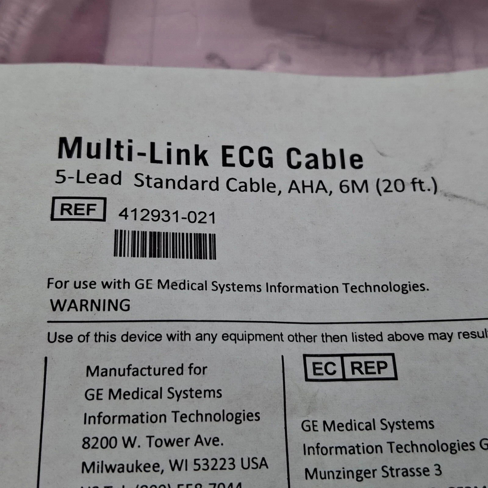 GE Mutli Link ECG Cable 5 Lead Standard Cable AHA 6M 20ft Ref 412931-021