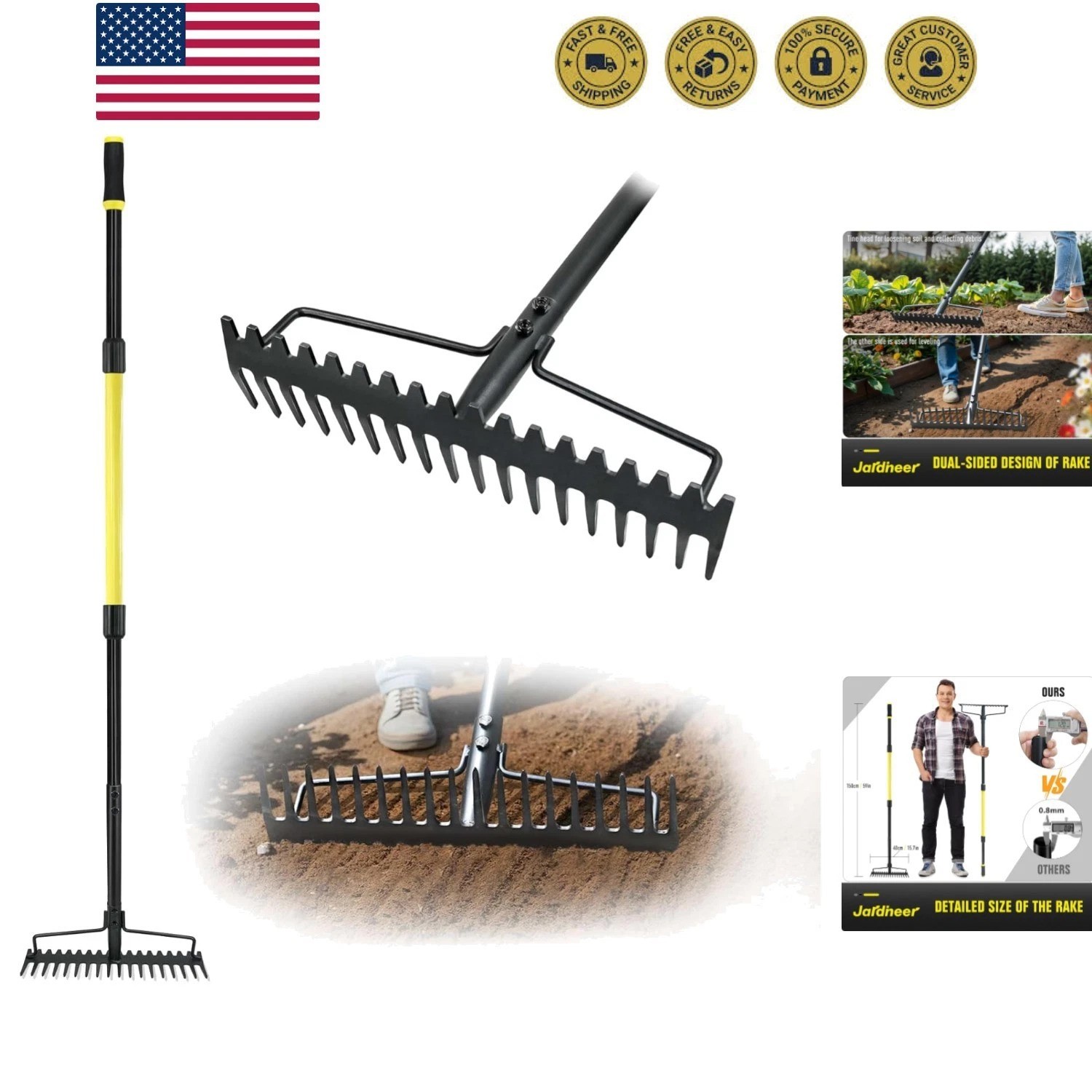 Bow Rake Heavy Duty, Long Handle Metal Rakes for Gravel, Rocks, Lawns Leaves,...