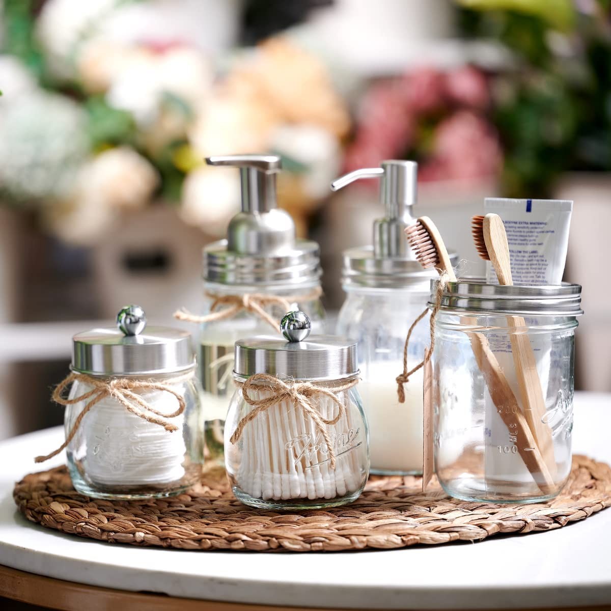Mason Jar Bathroom Accessories Set(4 Pcs) -Lotion Soap Dispenser & 2 Qtip Hol...