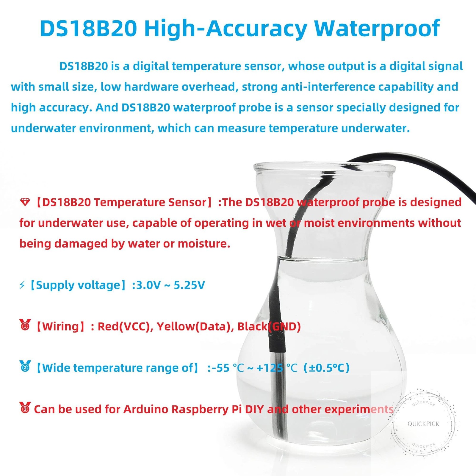 5 Pcs DS18B20 Temperature Sensor Probe High-Accuracy Waterproof Equipped