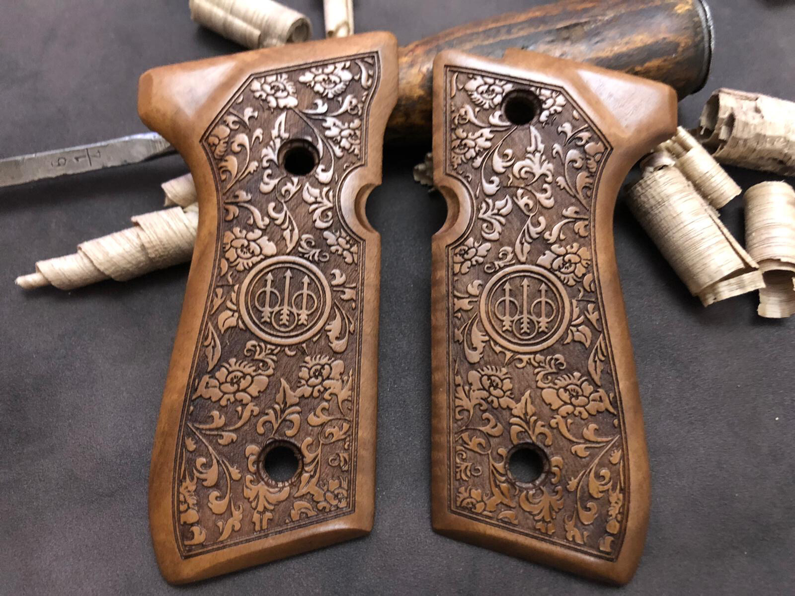 Beretta 92F, 92FS, M9, 96 Walnut Wood Grips Floral Handmade. US Based Seller. A+