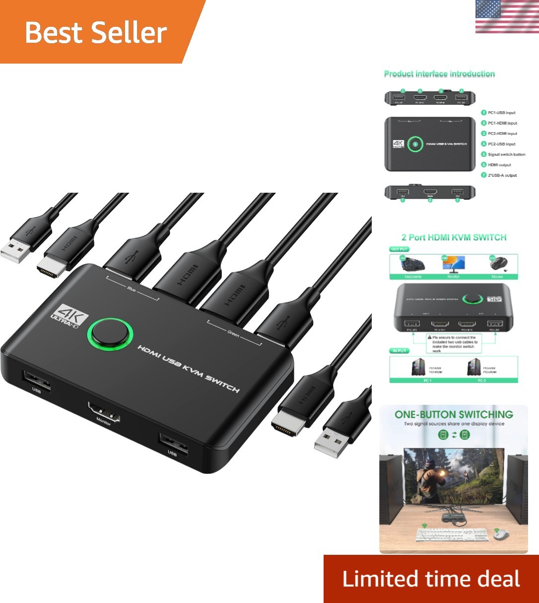 2-Port KVM Switch - Control Dual PCs, Supports 4K@60Hz and Multiple Devices