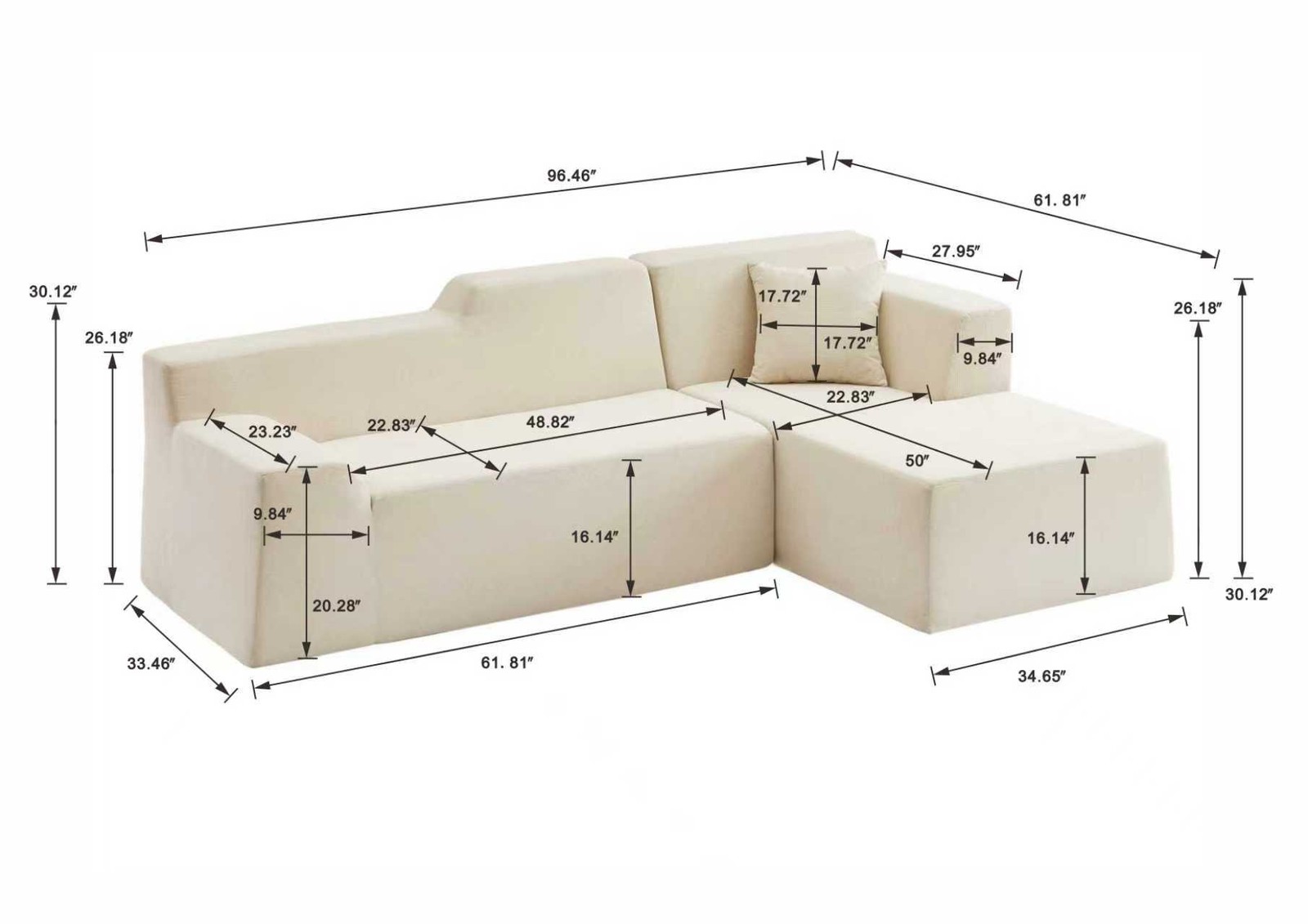 Modern minimalist L-shaped corduroy high back sofa|Dark Gray