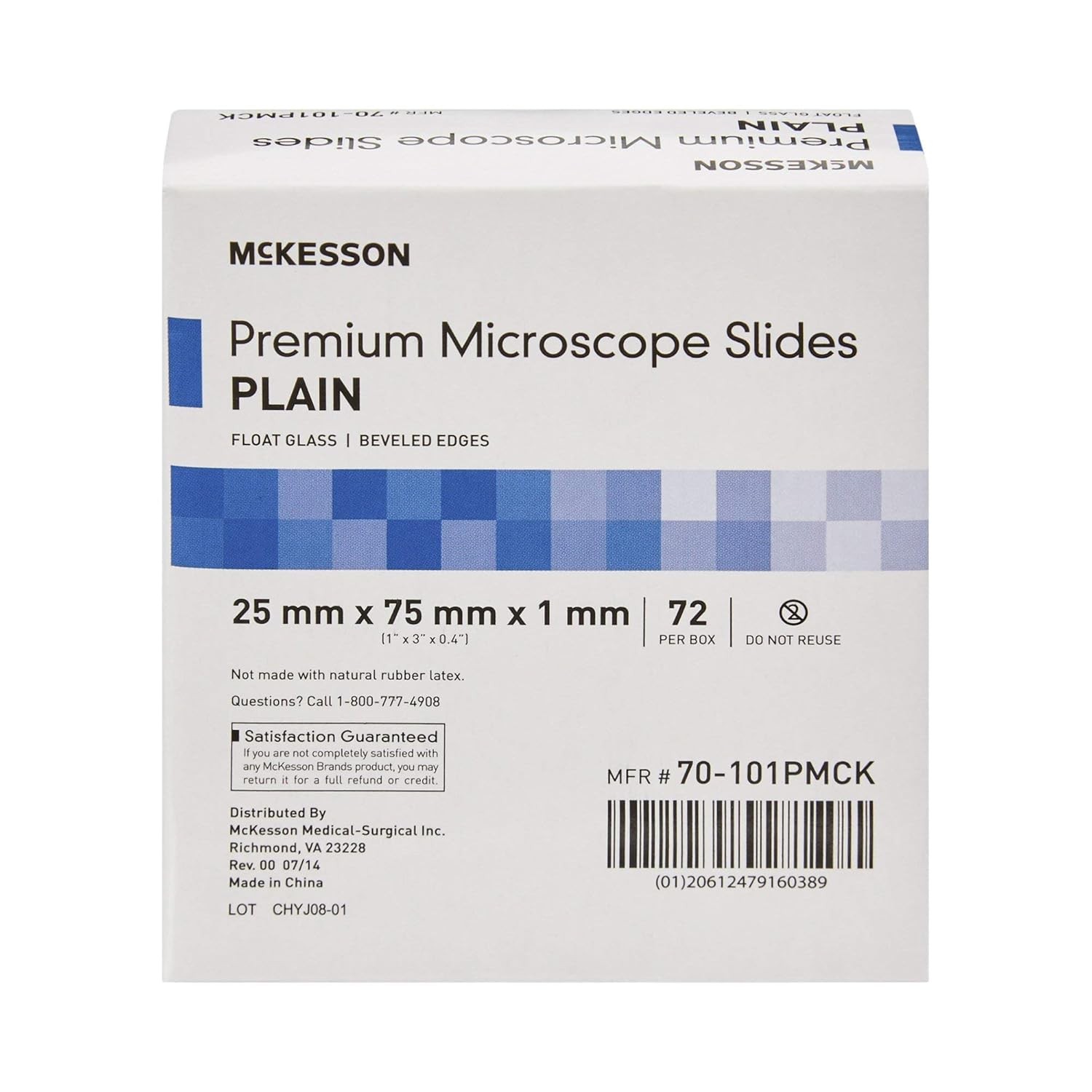 McKesson Premium Microscope Slides, Plain, Float Glass, Beveled Edges, 25 mm x 7