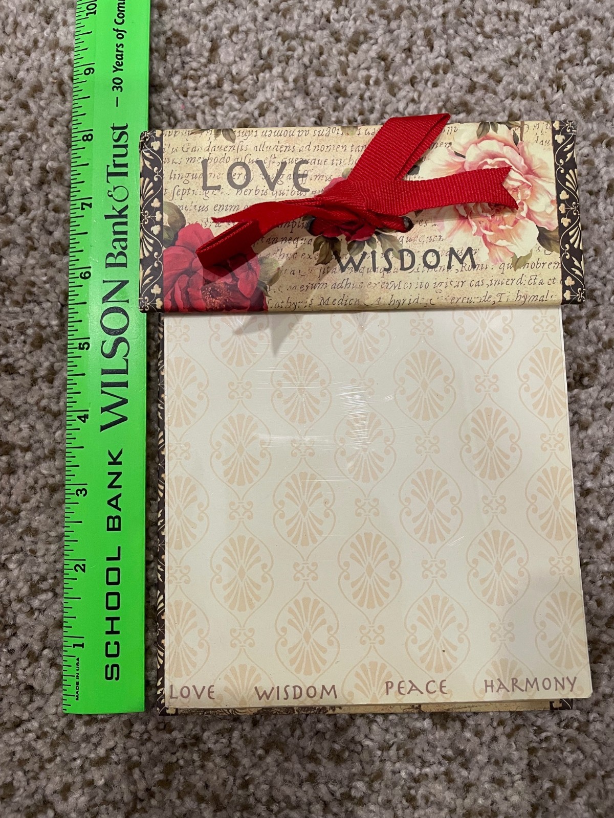 Love, Wisdom, Peace, Harmony Notepad / Pencil Set, NEW, Yellow, Floral w/ Bow