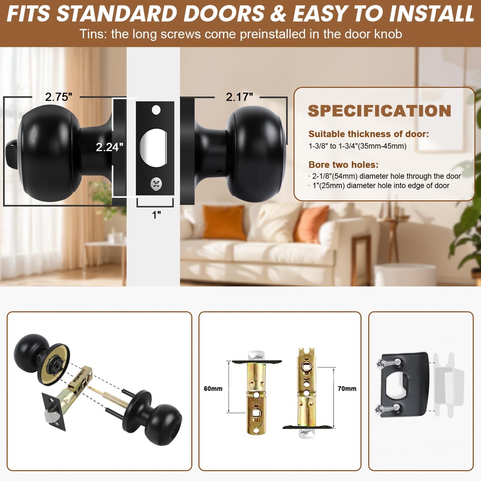 RAZCC Privacy Door Knobs, 10 Pack Matte Black Knobs with 10 Pack,