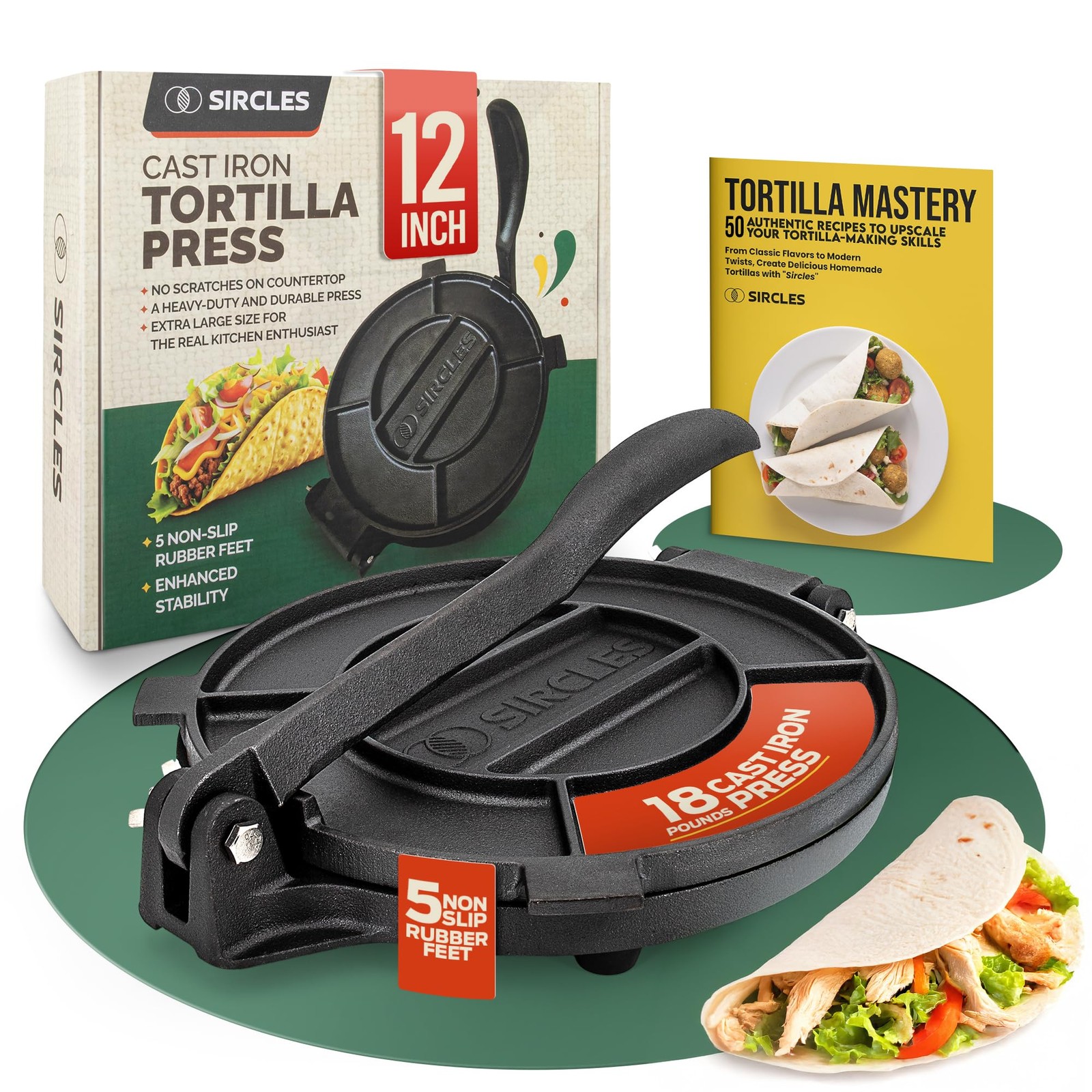 12-Inch Cast Iron Tortilla Press - Heavy Duty, Pre-Seasoned, Non-Slip Feet