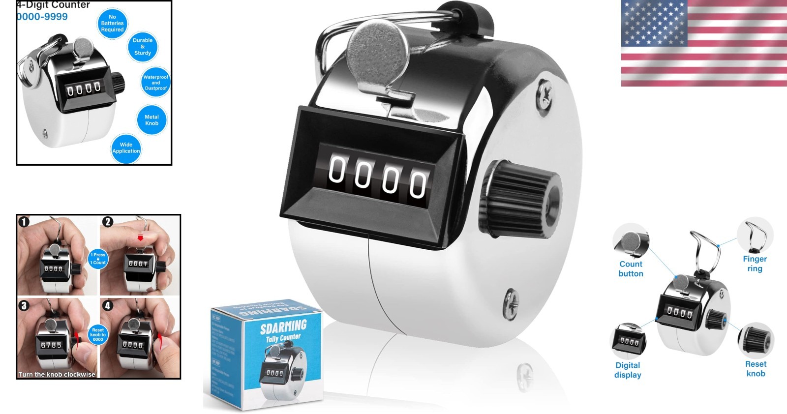 Durable Metal 4-Digit Tally Counter for Precise Counting - No Batteries Needed