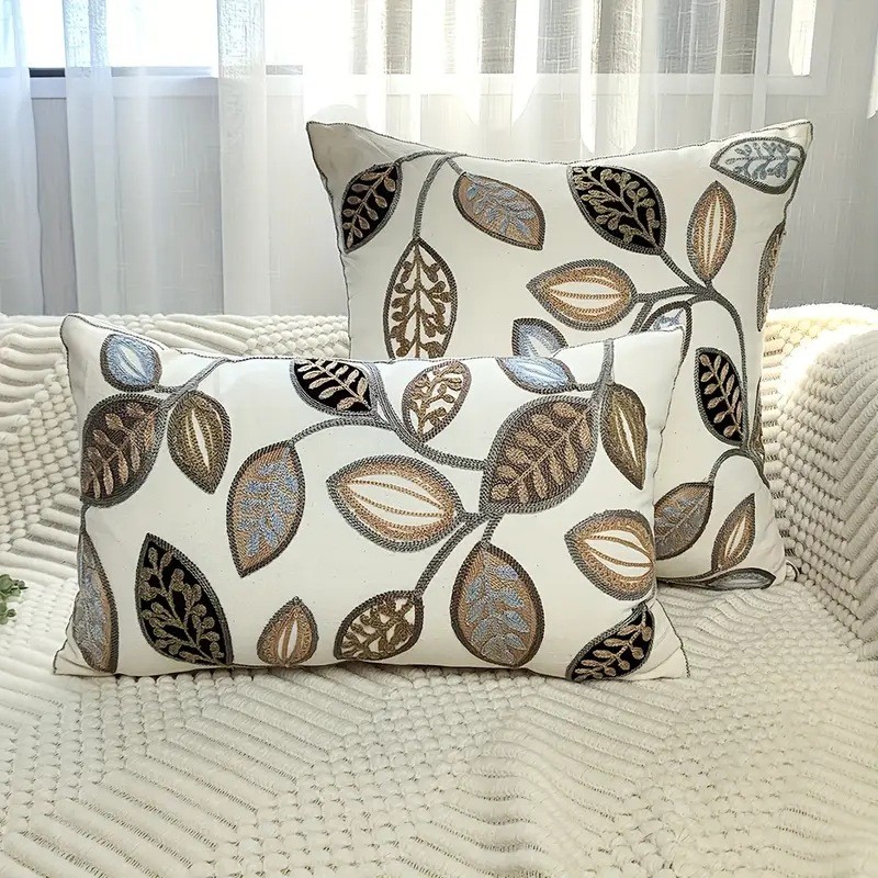 Modern Simple Embroidered Leaf Print Pillow Cover Sofa Bed Cushion