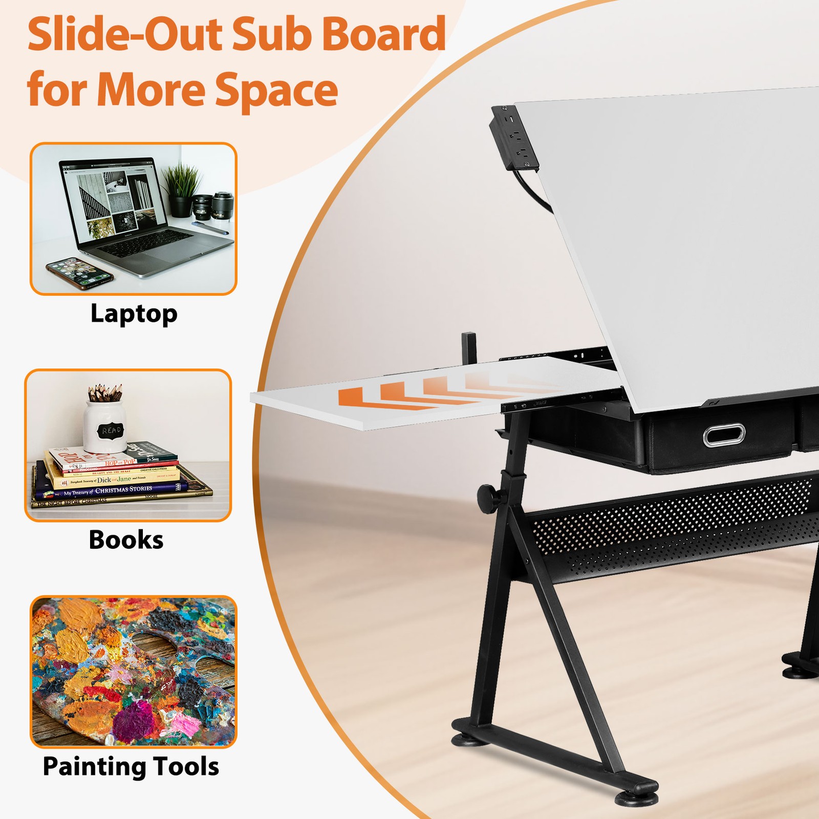 Adjustable Drafting Drawing Table Tabletop Tiltable w/ Stool & Outlet White