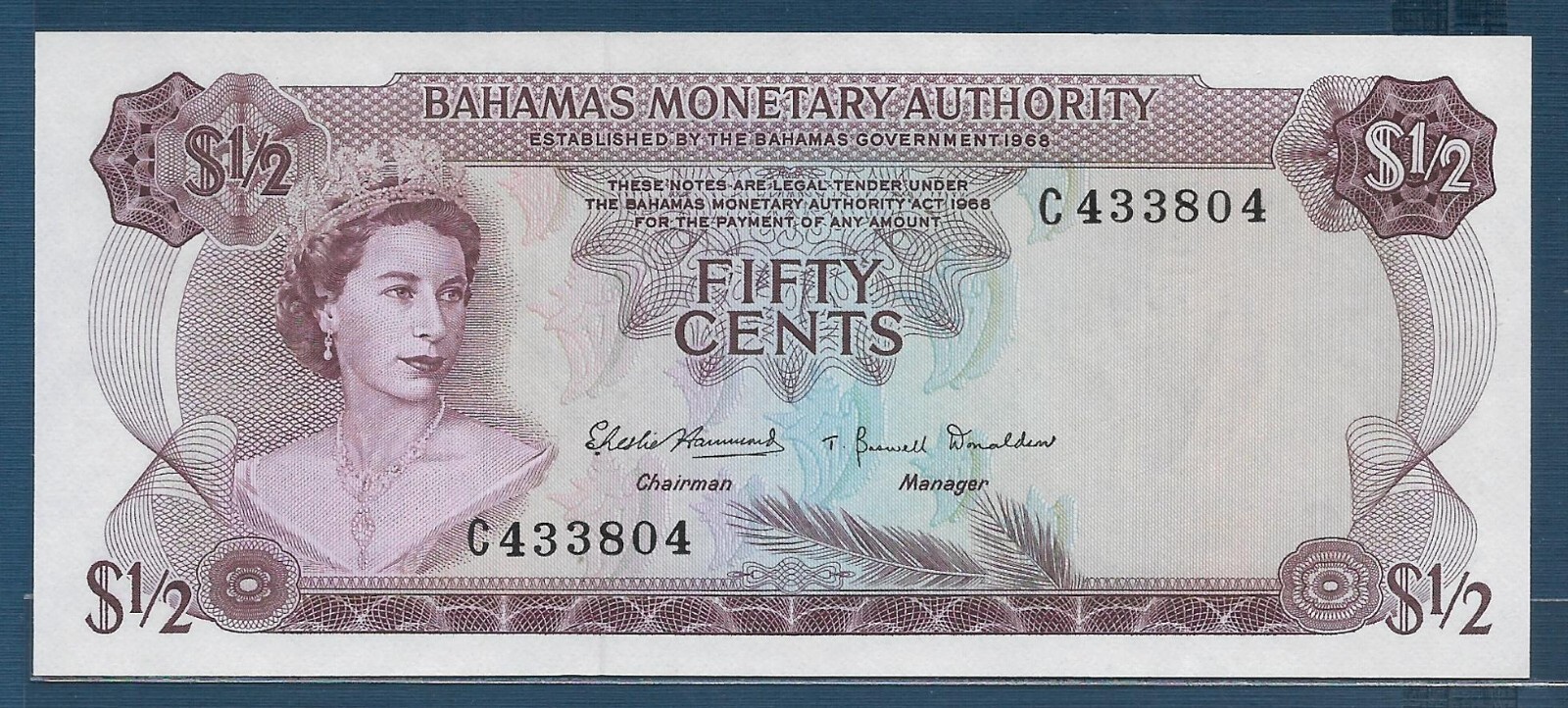 Bahamas 1/2 Dollar (50 Cents), L 1968, P 26, UNC