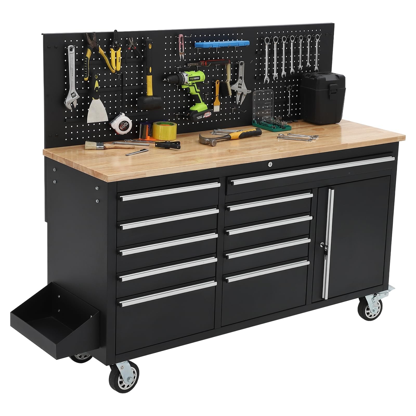 Rolling Tool Chest 61", 10 Drawers, Power Outlet, Solid Rubber Wood Top