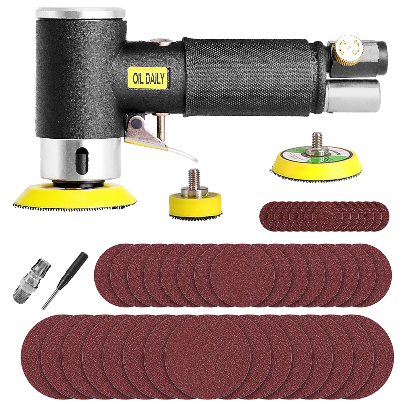Mini Random Orbital Air Sander Kit 1-3 Inch Pads 45 Sandpapers Air-Powered