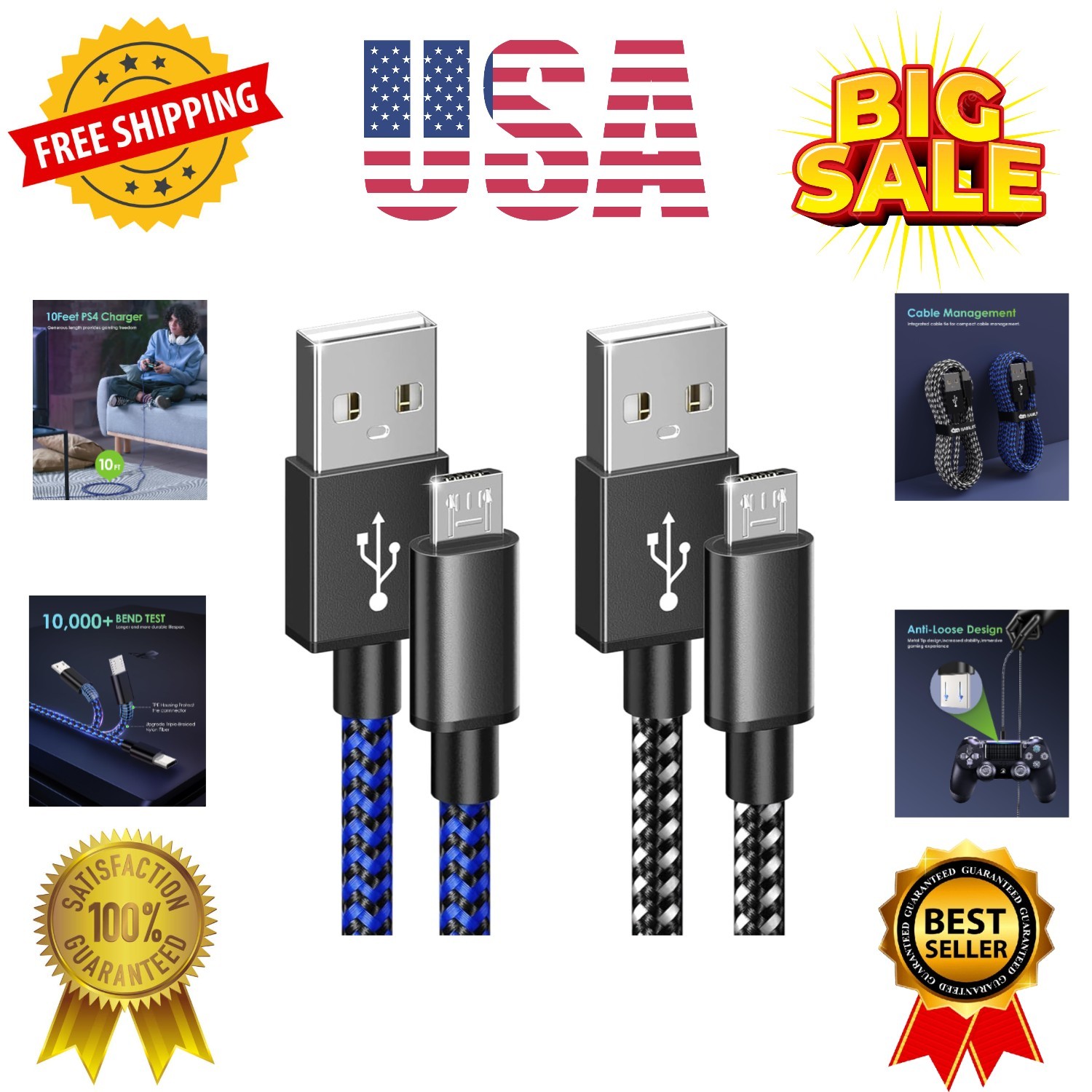 PS4 Controller Charger Charging Cable, 2 Pack 10ft Extra Long Micro USB 2.0 C...