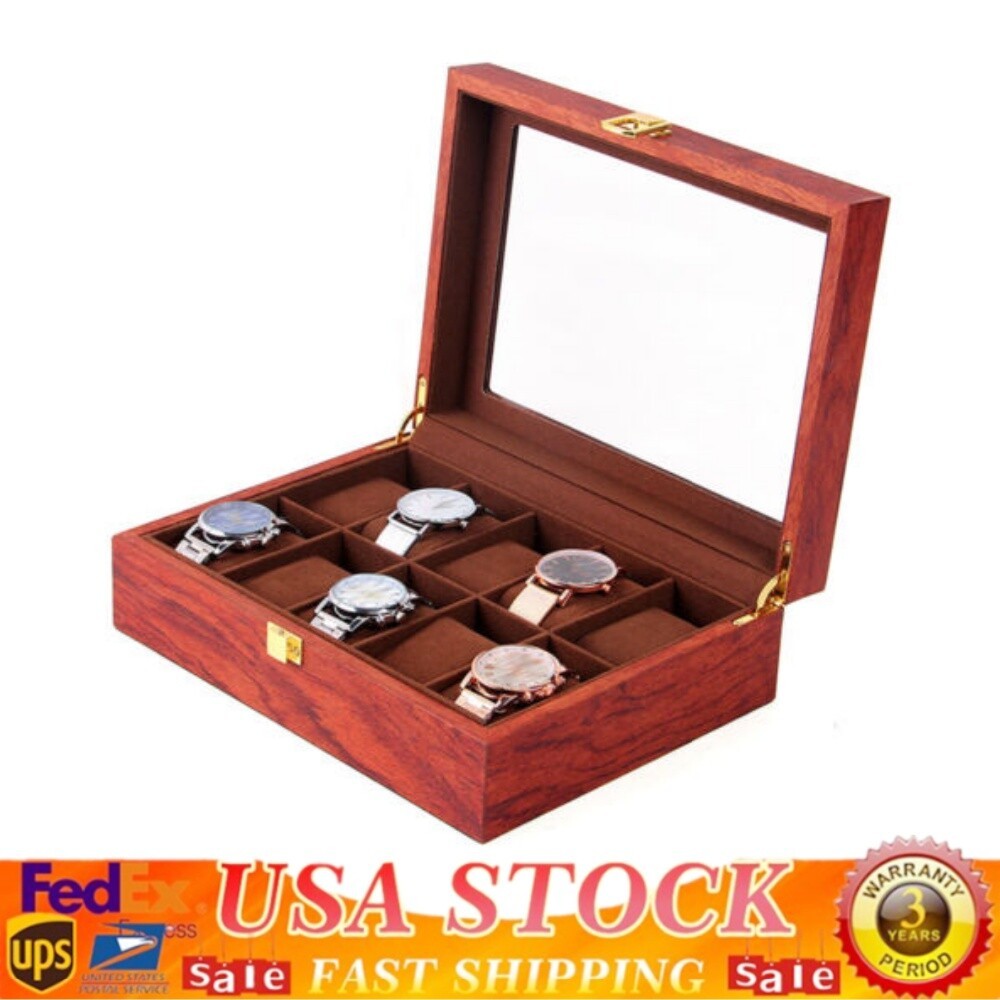 10-Slot Watch Box Glass Top Vintage Display Jewelry Storage Organizer Case Wood