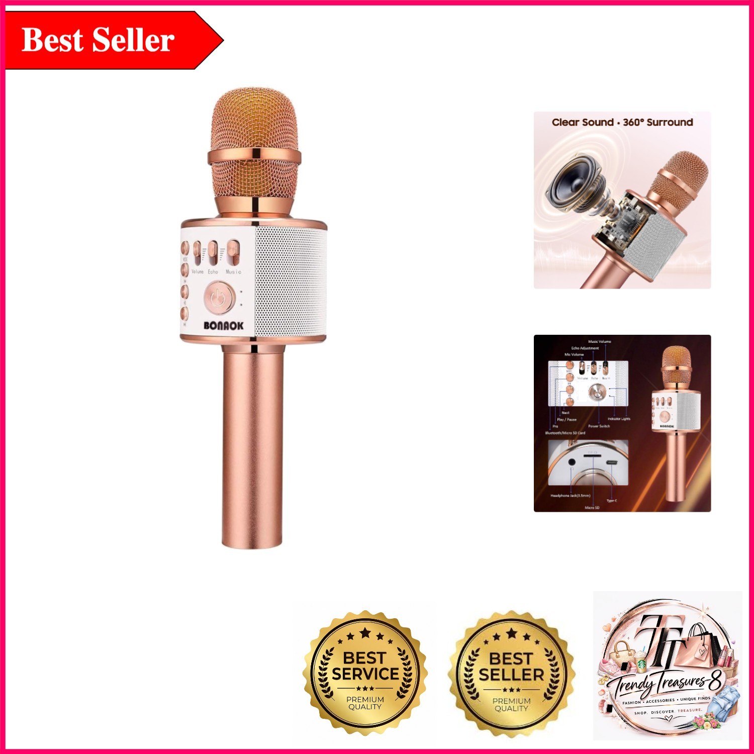 Rose Gold 3-in-1 Wireless Bluetooth Karaoke Microphone with Echo & Volume Con...