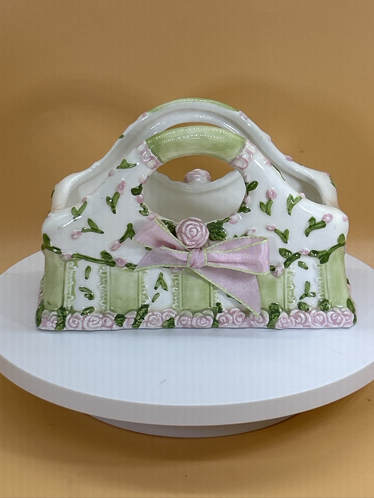 Lady Jayne Ltd. Porcelain Basket Pink Rosebud Bow Green White. 6” W x 4” H.